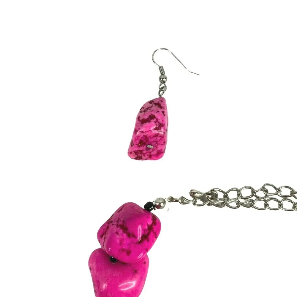 Silver Tone Pink Faux Stone‎ Necklace Earrings Set